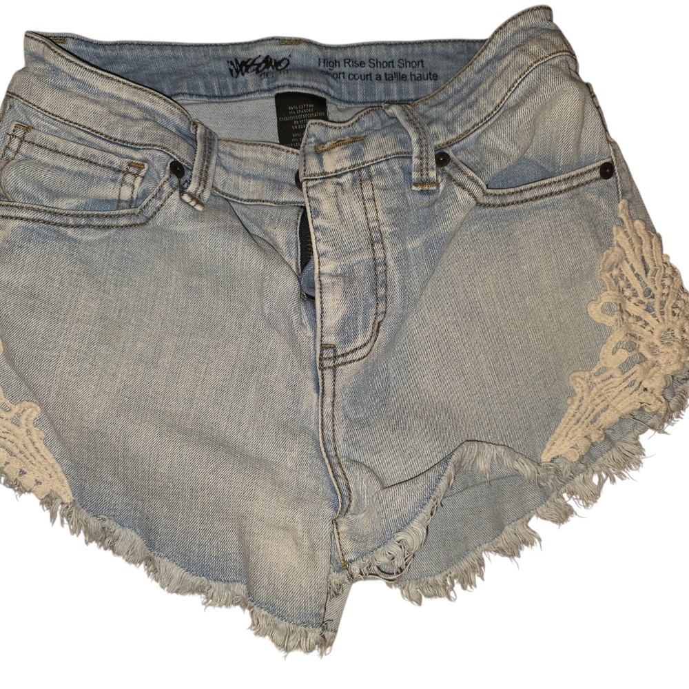 High Rise Light Blue Denim Shorts with Crochet Trim Womens Mossimo Supply Co4/27